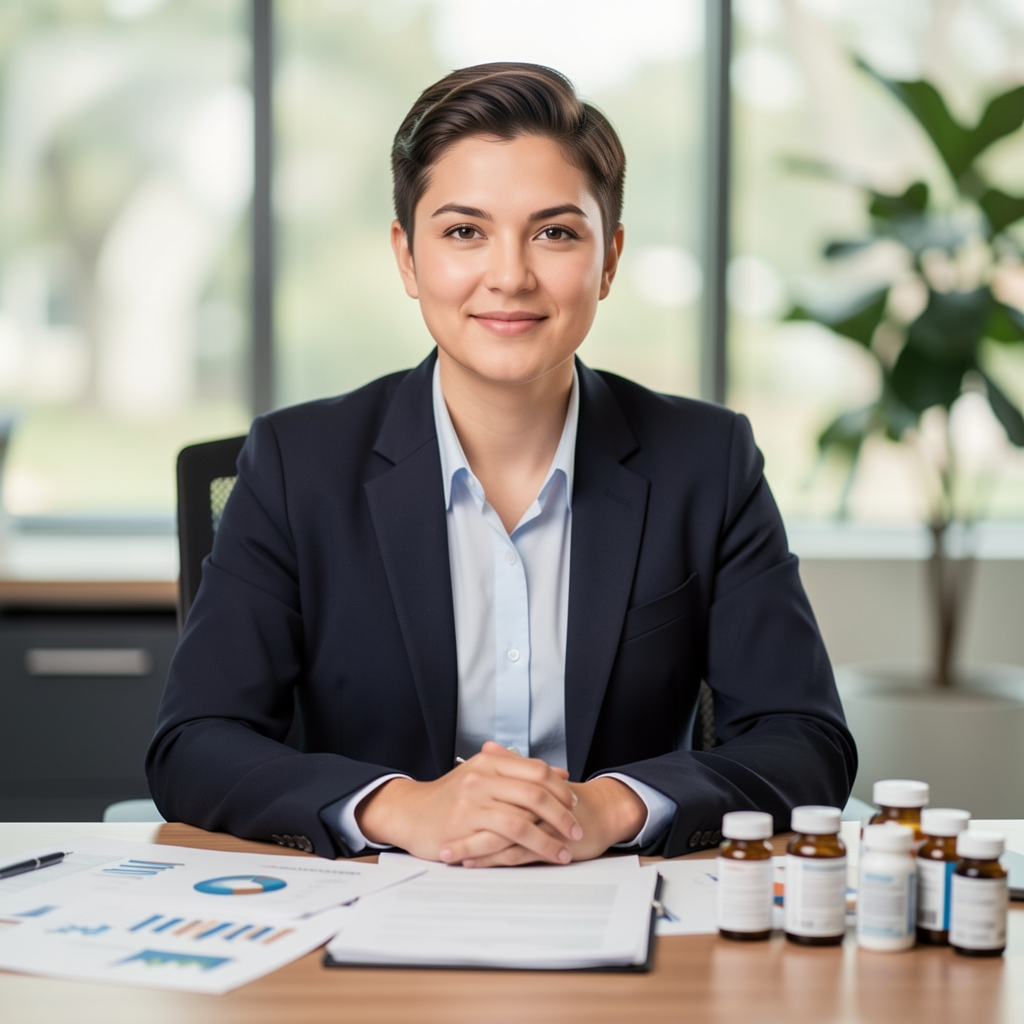 Editorial portrait of a male nutrition specialist in a modern Kuala Lumpur office, seated at a desk covered with research papers and supplement ingredient samples