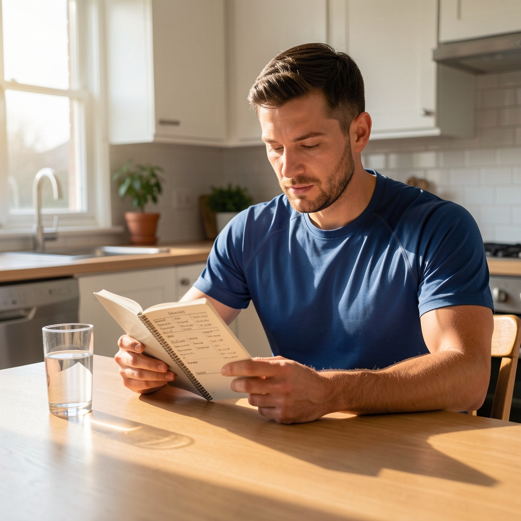 A man in athletic wear reviewing a supplement schedule journal at a kitchen table with morning light and a glass of water beside him