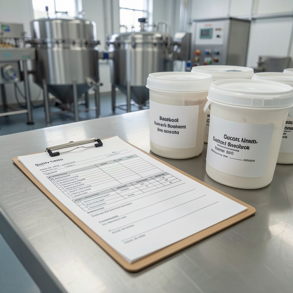Close-up of quality-control paperwork and a clipboard next to labelled batch containers in a clean food-grade processing environment