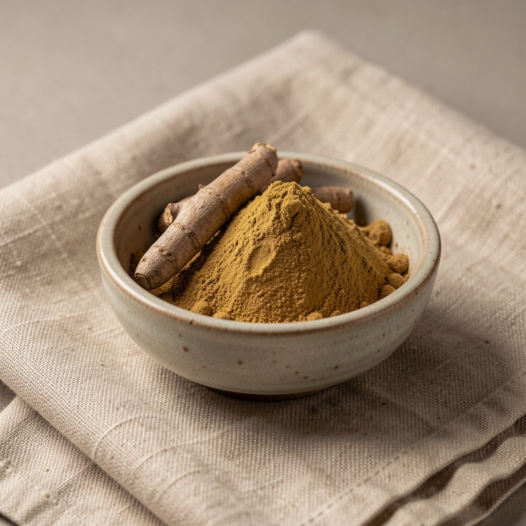 Ashwagandha root and powder arranged in a small ceramic bowl on a natural linen cloth under soft studio lighting