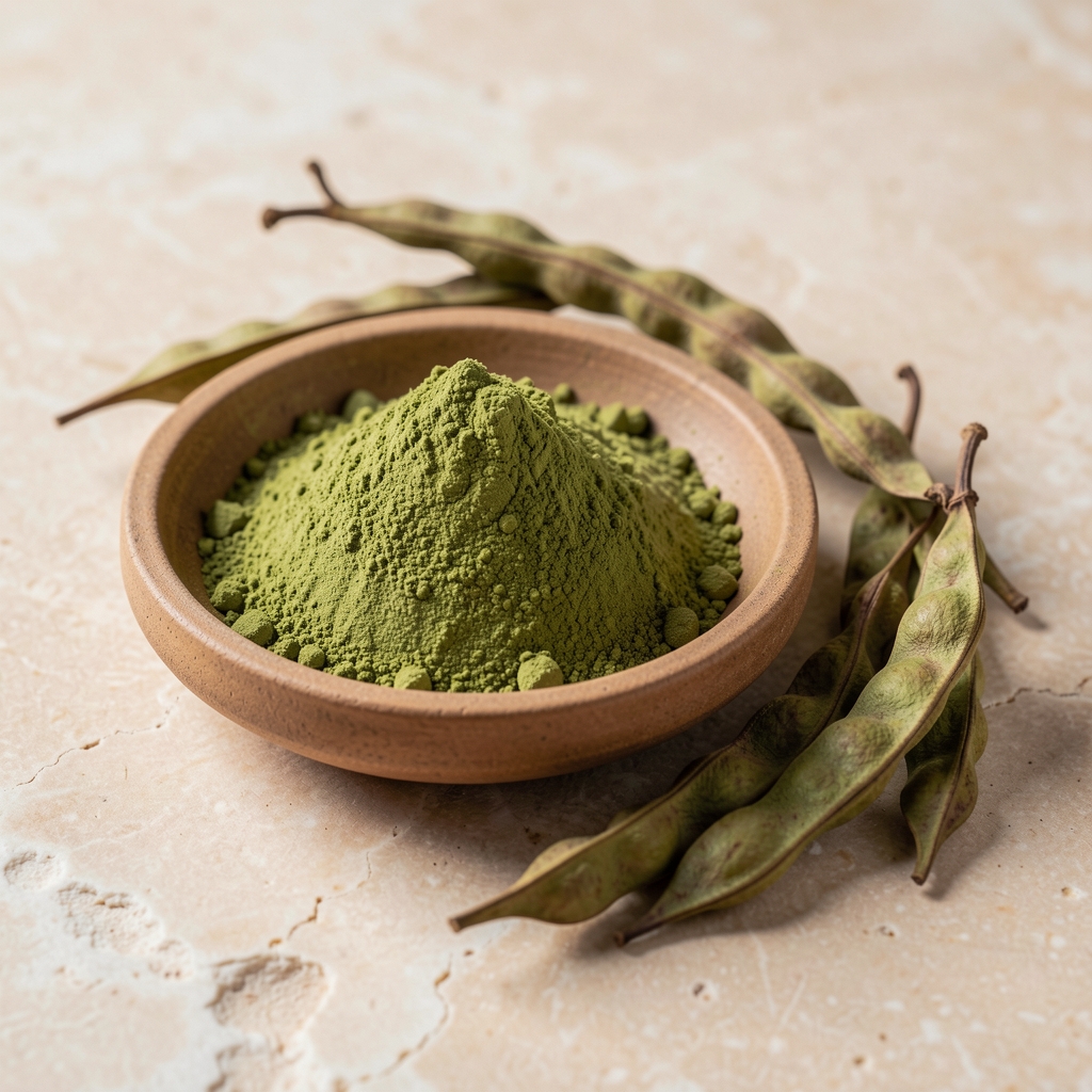 Green moringa leaf powder in a shallow dish with fresh dried moringa pods arranged alongside on a light stone surface