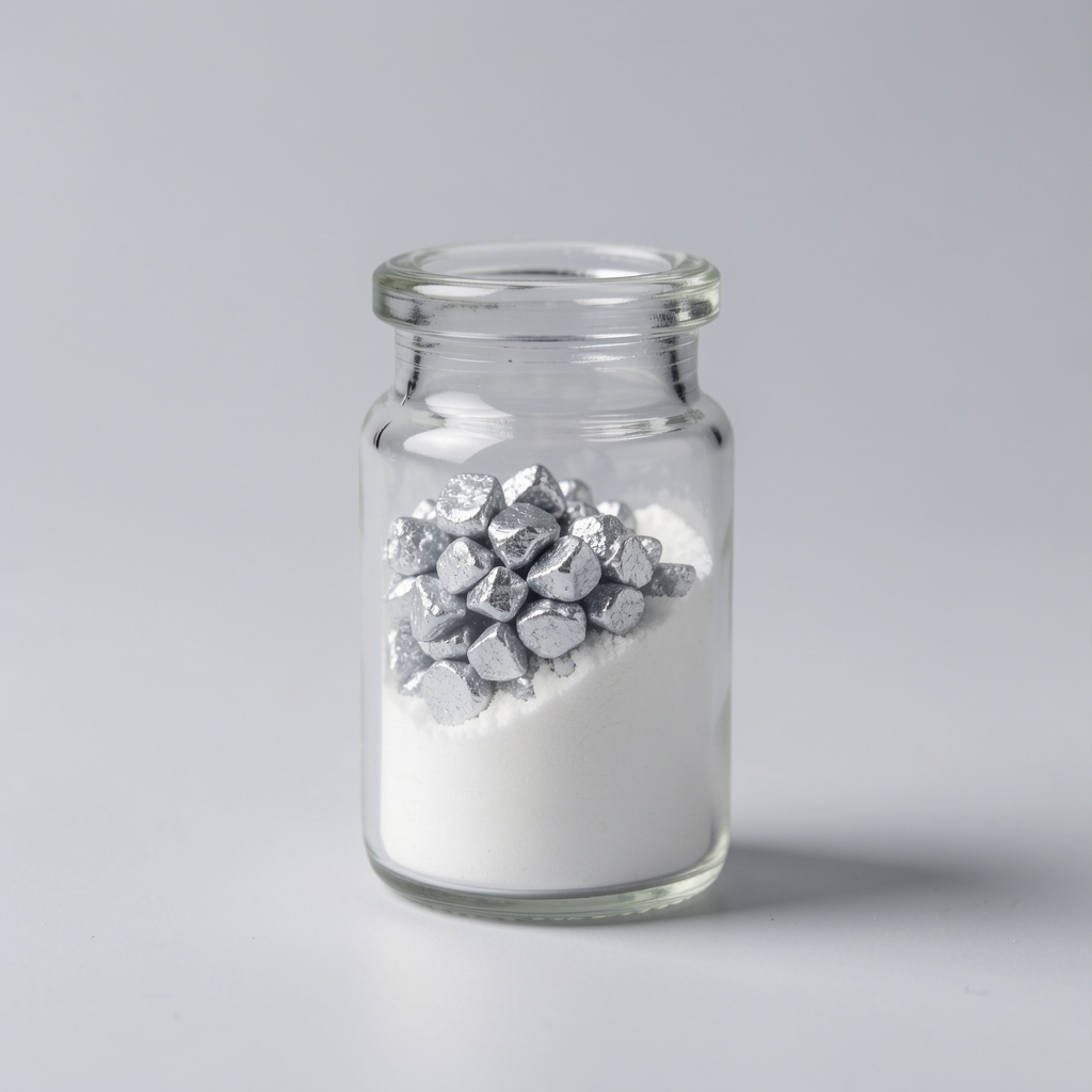 Zinc mineral granules and white powder in a small glass vial photographed with controlled lighting against a pale grey background