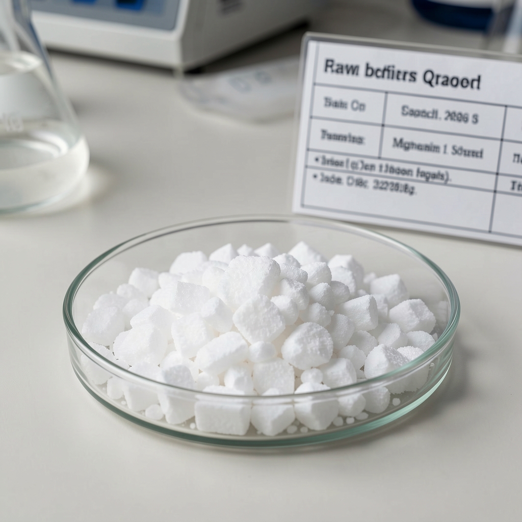 White magnesium compound crystals in a petri dish on a laboratory bench with batch documentation visible in the background