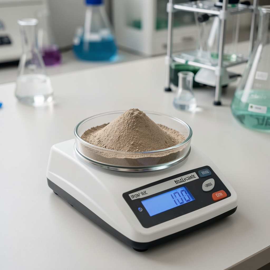 Iron bisglycinate fine powder in a laboratory weighing dish with a precision scale readout visible on the work surface