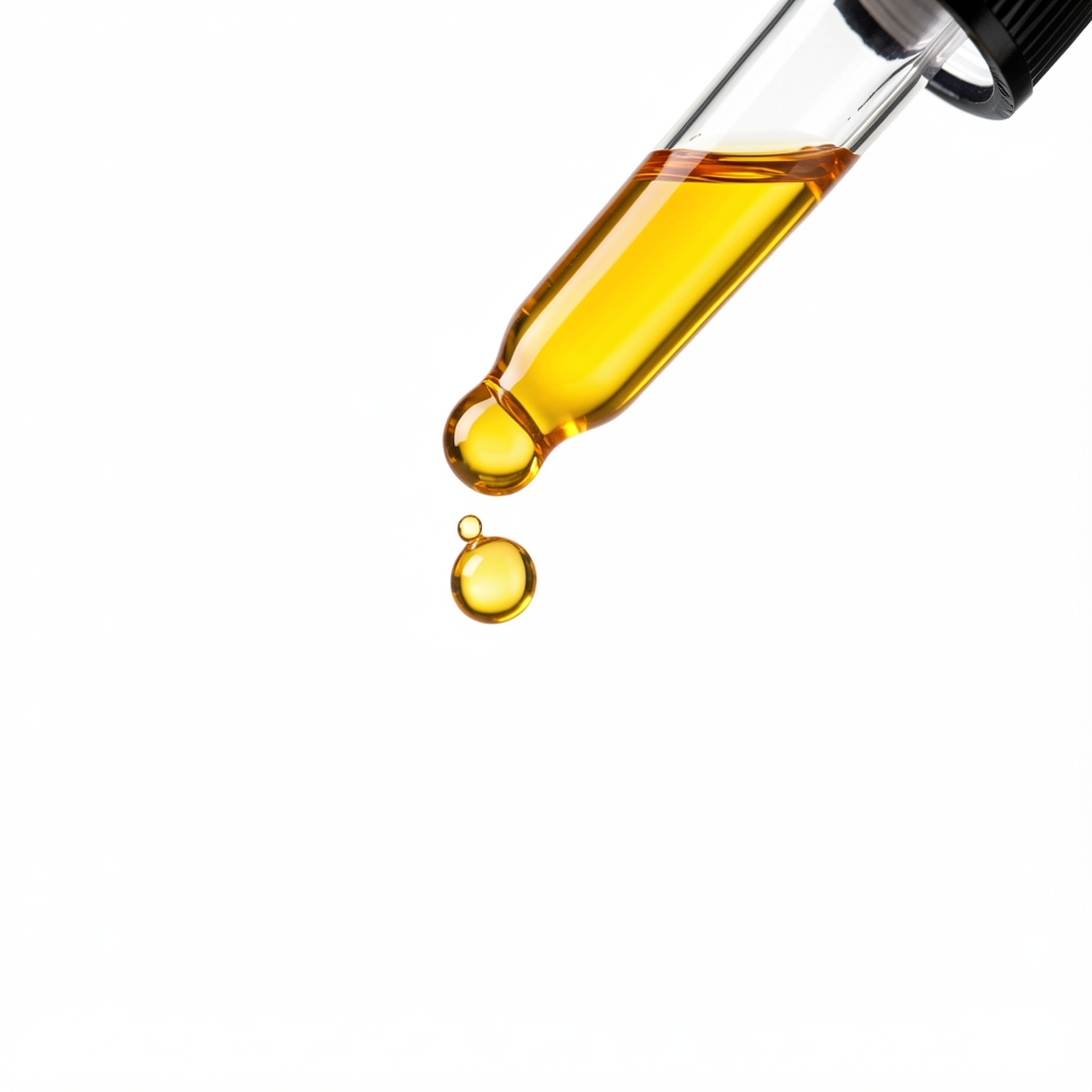 Vitamin D3 amber oil drops falling from a glass dropper with bright studio lighting highlighting the golden liquid against a white background