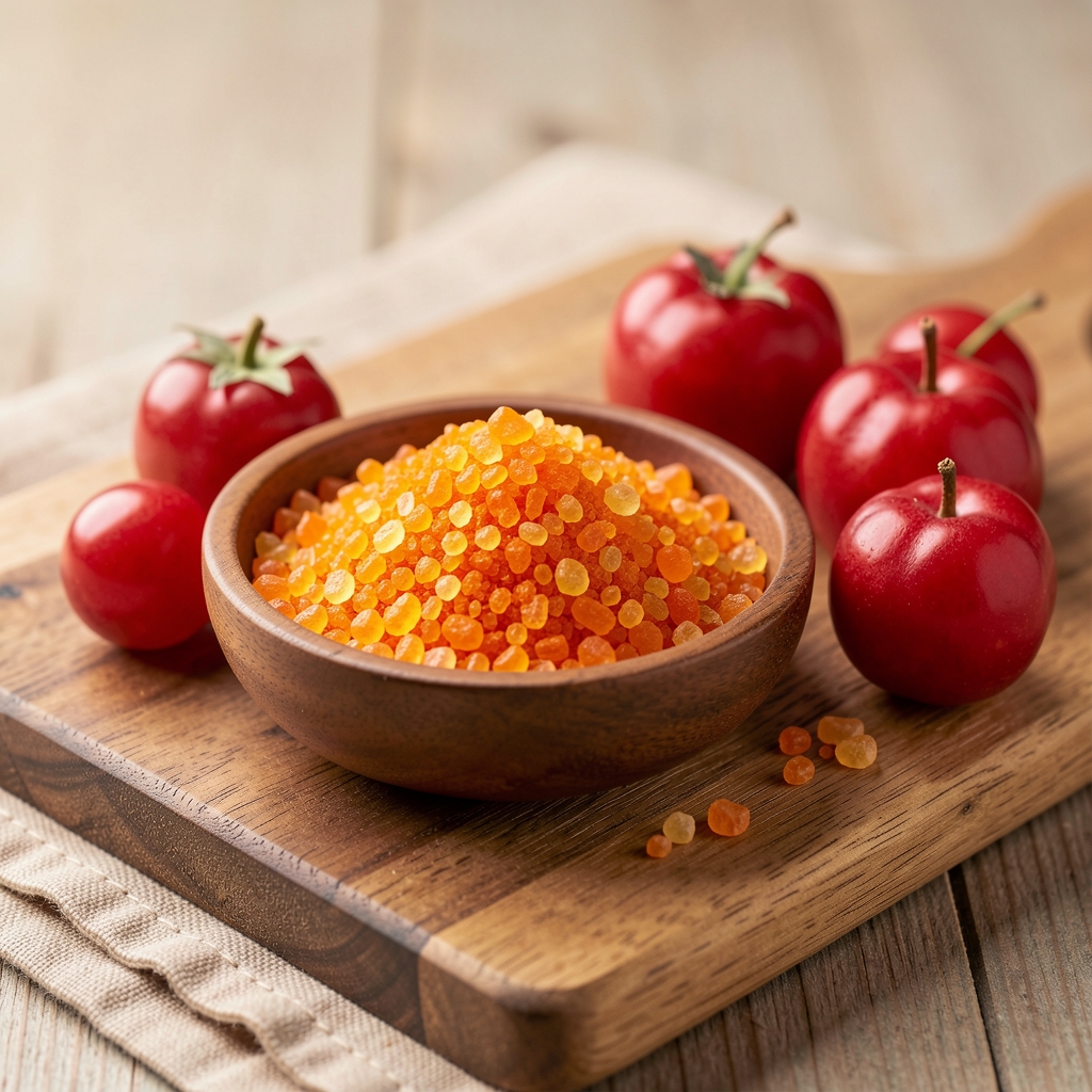 Orange and yellow Vitamin C crystalline powder in a small dish with fresh acerola cherry fruits arranged on a wooden board beside it